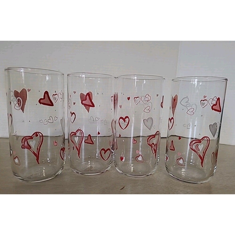 Set 4 Libbey Glass Tumblers Hearts Red Pink White 16 Oz  Valentines Day